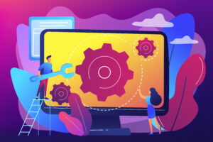 Computer technician with wrench repairing computer screen with gears. Computer service, laptop repair center, notebook setup service concept. Bright vibrant violet vector isolated illustration